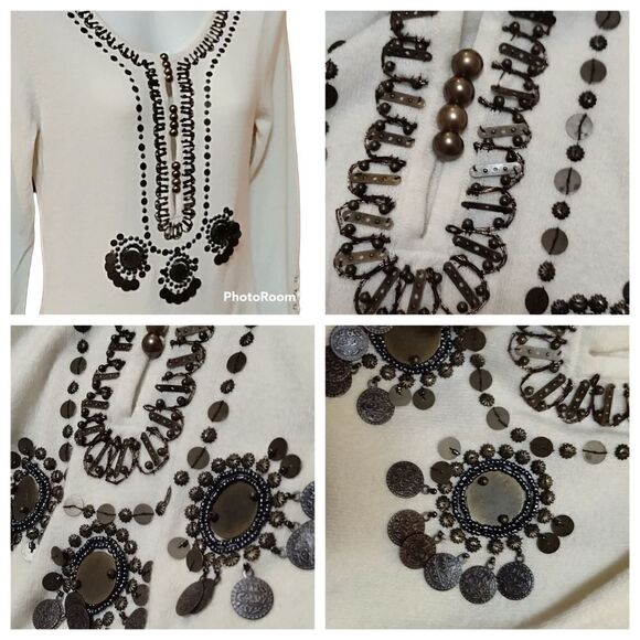 NWT Yuka Beaded Boho Knit Top Ivory Sz S Blouse Embellished Shirt - Picture 3 of 13